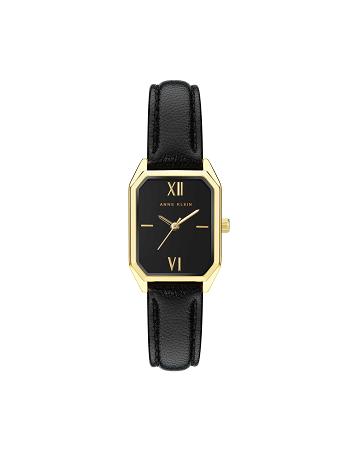 Anne Klein Octagonal Shaped Leren Riemen Watch Rechthoekig Zwart Goud | SNLNY79680